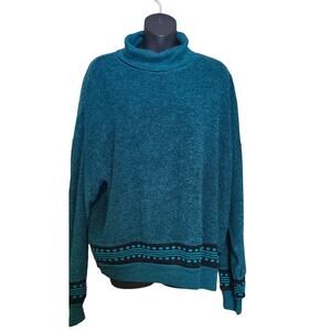 Vintage 80s Sweater Teal turtleneck Trent XL boxy pullover sweatshirt